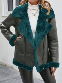 SHEIN LUNE Colorblocked Teddy Lined Zipper Up Pu Leather Biker Jacket - Dark Green - View 6