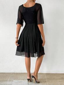 RosyDaze Mesh Wrap Dress With Flared Sleeves And Cinched Waist - Black - View 4
