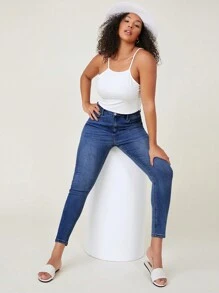 SHEIN EZwear 大尺碼純色緊身牛仔褲 - 中等水洗藍 - 查看 6