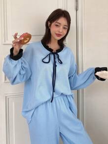 DAZY 荷葉邊繫帶拼布家居服套裝 - 藍色 - 查看 6