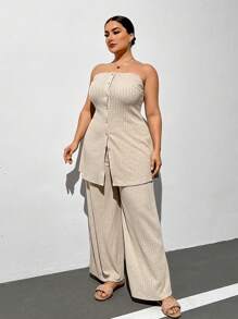 SHEIN Essnce Plus Size Women's Spring And Summer Fashion Casual New Solid Color Ribbed Knit Two Pieces Set - Apricot - View 6