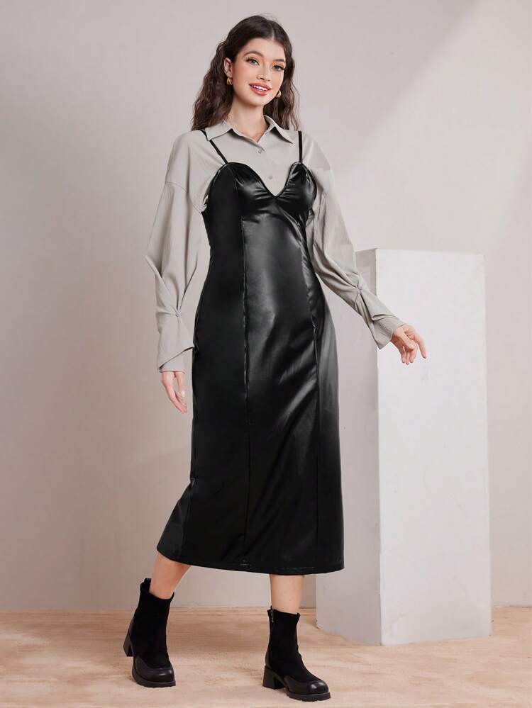 Ladies' Shirt And Cami Dress 2pcs Set 2 Piece Set