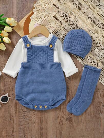 SHEIN Traje De Gateo Con Suéter De Color Liso Para Bebé Niño