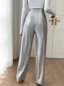 SHEIN Privé Women's Shiny Straight Trousers - Grey - View 2