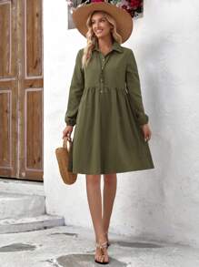 EMERY ROSE 女款純色襯衫領連身裙 - 軍綠色 - 查看 5