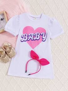 SHEIN 夏季短袖愛心印花運動休閒舒適可愛女童連身裙 - 白色 - 查看 1