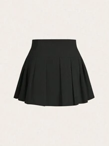 Flirla Plus Size Solid Color High Waist Cross Strap Pleated Skirt - Black - View 2