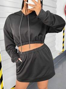 SHEIN EZwear Zweiteiliges Set Mit Kordelzug-kapuzenpullover Und Rock In Übergröße Für Damen - Grau - Übersicht 5