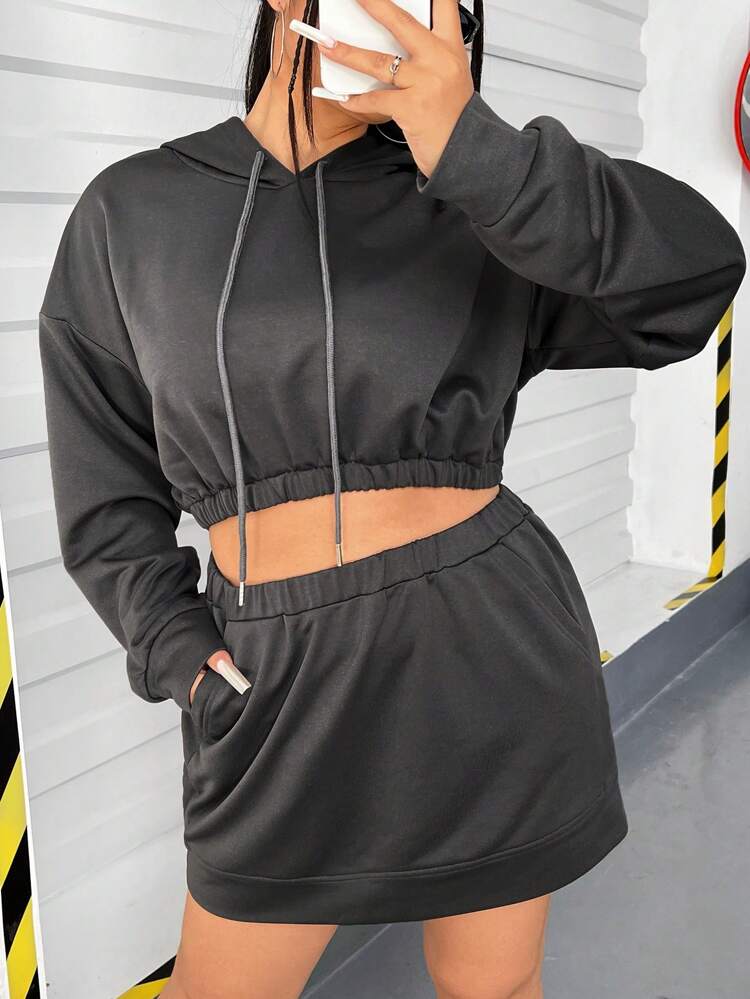 Plus Size Women'S Drawstring Hooded Sweatshirt And Skirt Two-Piece Set