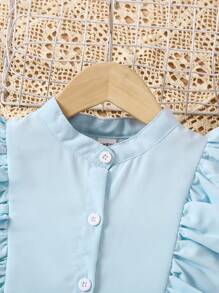 SHEIN Young Girl Little Girl's Blue Stand Collar Large Ruffle Shirt