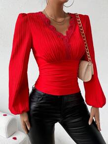 Calvaya Women's Solid Color Lace Patchwork Lantern Sleeve Shirt For New Year Clothes