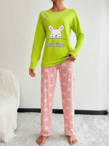RueChic Cartoon & Letter Print Pajamas Set - Green - View 3