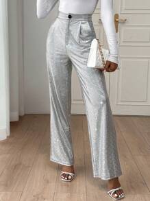 SHEIN Privé Women's Shiny Straight Trousers - Grey - View 4