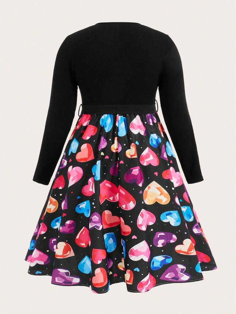 Plus Size Women's Heart Printed Long Sleeve Belted Dress