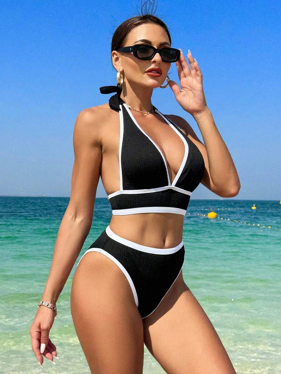 SHEIN Swim Women's Contrast Color Halterneck Strappy Two-Piece Bikini Set Suit Summer Beach - Multicolor - View 1