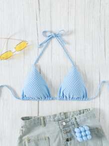 女士纯色提花吊带泳衣上衣 - 藍色 - 查看 1