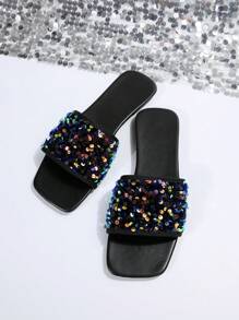 Women'S Sparkling Slippers, Non-Slip & Water-Resistant, Versatile & Fashionable, Perfect For Beach & Outdoor Activities, Plus Size Available - Black - View 4