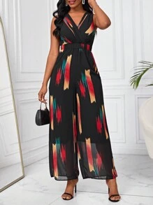 SHEIN Lady 圖案印花v領無袖連身褲