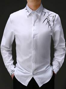 Manfinity Homme 男士垂墜肩竹印長袖襯衫 - 白色 - 查看 1