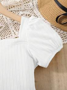 青少女純色泡泡袖上衣和裙子套裝 - 粉色 - 查看 5