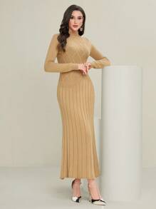 Modelyn Của phụ nữ Màu thuần Thon gọn Đứng cổ áo Đầm Áo len - Màu Khaki - Xem 4