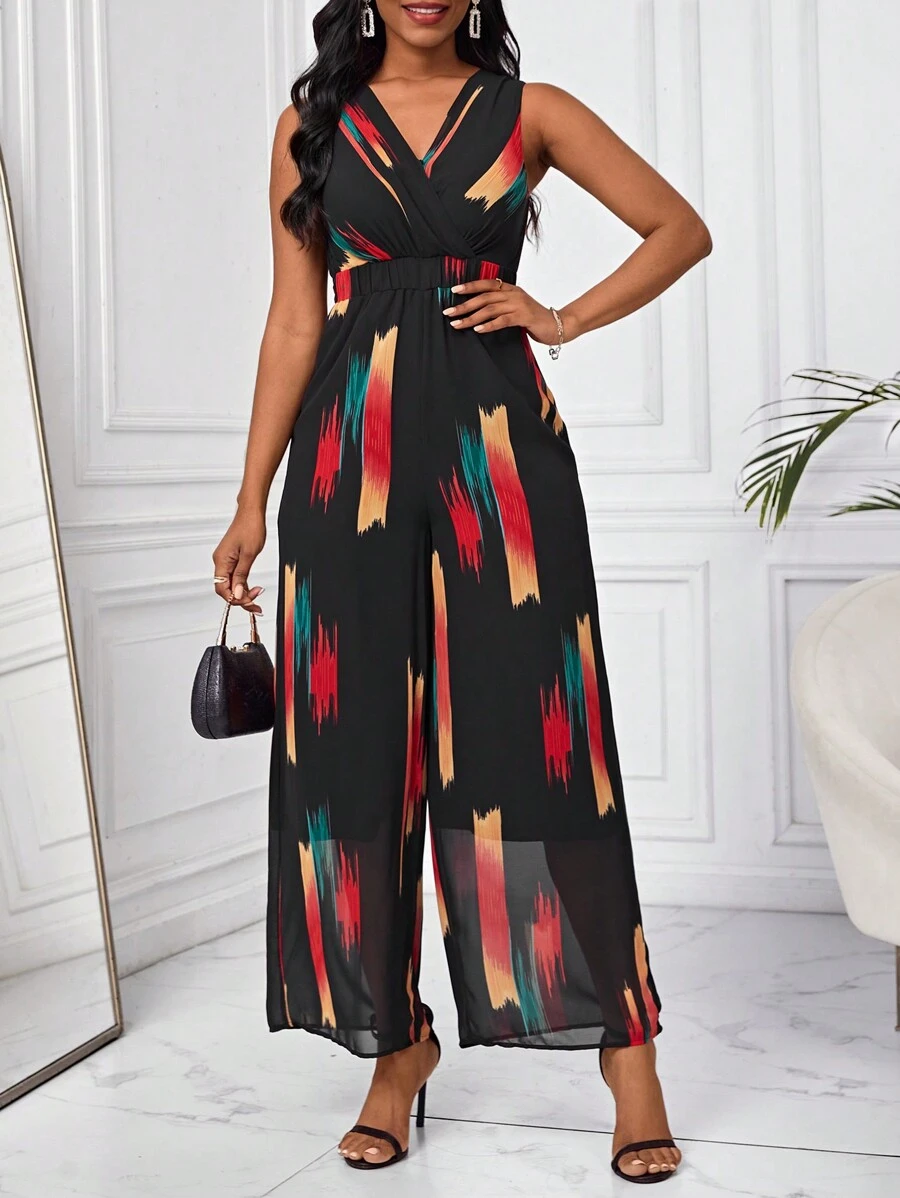 SHEIN Lady 圖案印花v領無袖連身褲