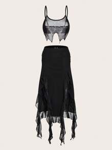 SHEIN ICON Women'S Butterfly Embellished Rhinestone Camisole Top And Ruffle Hem Double Slit Skirt Set - Black - View 2