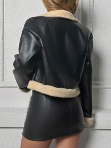 SHEIN Unity Hai tông màu Lót Teddy chất liệu da PU Quần skinny Áo khoác - màu đen - Xem 3