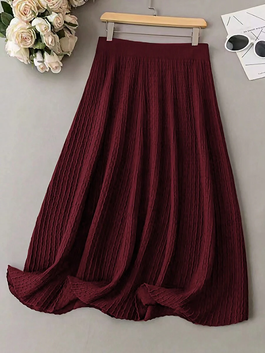 EMERY ROSE Plus Size Solid Color Elastic Waist Sweater Skirt - Red - View 1