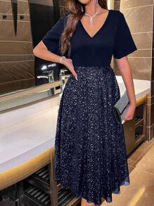 Vestido Brillante Con Cuello En V Para Mujer - Azul Marino - Ver 4