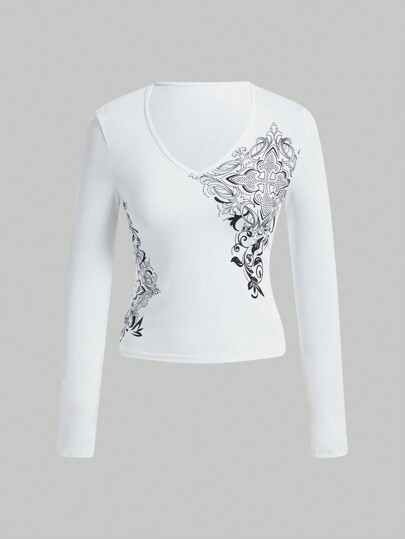 Goth Damen-langarm-t-shirt Im Gothic-stil Mit V-ausschnitt, Dunklem Blumendruck Und Schmaler Passform