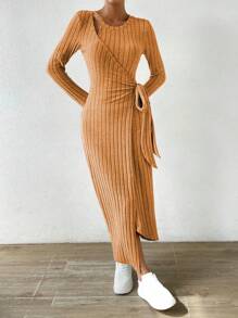 SHEIN Essnce 結飾側裹身洋裝 - 黃色 - 查看 5