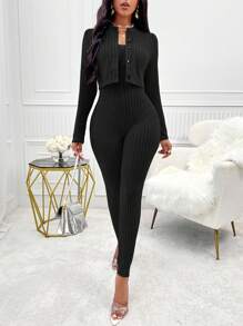 Zolique Strapless Slim-Fit Ribbed Knit Jumpsuit And Long-Sleeve Jacket Two-Piece Set - Black - View 3