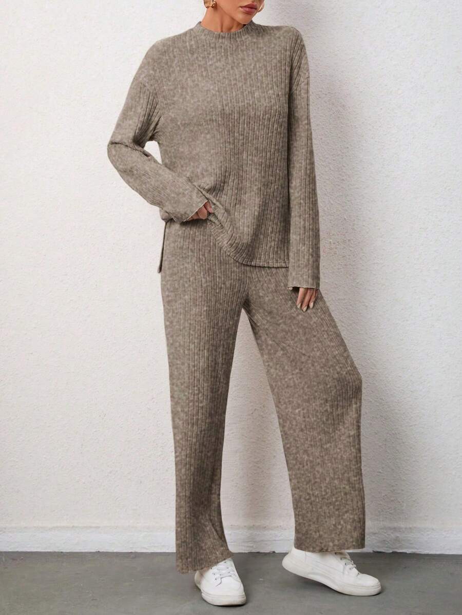 SHEIN Essnce Solid Color Drop Sleeve T-Shirt And Trousers Two-Piece Set - Coffee Brown - View 1