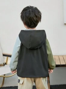 SHEIN 男童可愛恐龍圖案寬鬆色塊連帽外套,拼接款 - 灰色 - 查看 3