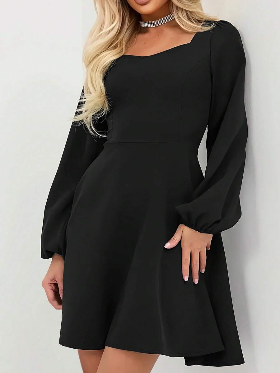Solid Color Sweetheart Collar Lantern Sleeve Dress - Black - View 1