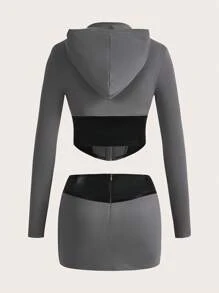 SHEIN ICON Contrast Color Hooded Slim Fit T-Shirt And Skirt Suit - Grey - View 2