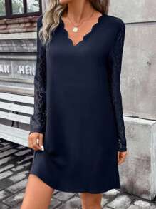 SHEIN Frenchy Women's Splicing Lace Straight Dress Winter Elegant Evening Dress Blue - Navy Blue - View 3