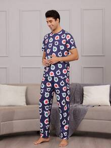 Traje Para El Hogar Con Pantalones De Manga Corta Y Cuello Redondo Con Estampado De Estrellas De Cinco Puntas Para Hombre - Multicolor - Ver 3