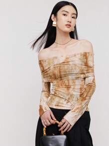 Tie Dye Off Shoulder Mesh Top - Gold - View 6