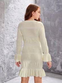 青少年女孩蓮藕袖荷葉邊毛衣洋裝 - 白色 - 查看 2