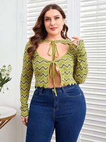 Sara Cennamo Designer Women Plus Chevron Pattern Cut Out Tie Front Sweater, For Holiday, Festival - Multicolor - View 6