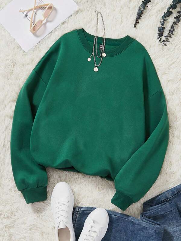SHEIN LUNE Women's Loose Round Neck Long-Sleeved Thermal Lined Sweatshirt For Warmth