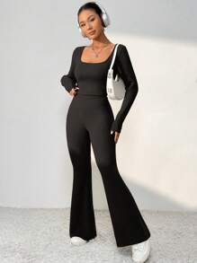 SHEIN Unity Women's Slim Long-Sleeved Top And Flared Pants Two-Piece Set - Black - View 5