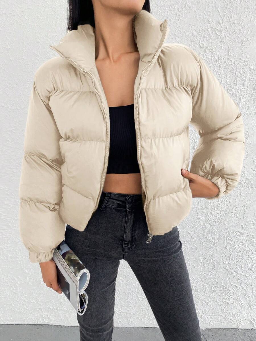 RueChic Solid Zip Up Puffer Coat - Apricot - View 1