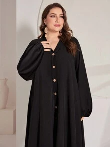 Al Najma Women Plus Size Button-Down V-Neck Modest Long Sleeve Dress - Black - View 6