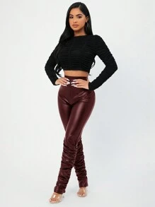 SHEIN SXY Stretch Pleated Leather Pants - Maroon - View 3
