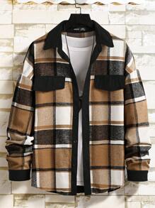 Manfinity Homme 男士寬鬆格子襯衫外套,襟翼細節設計