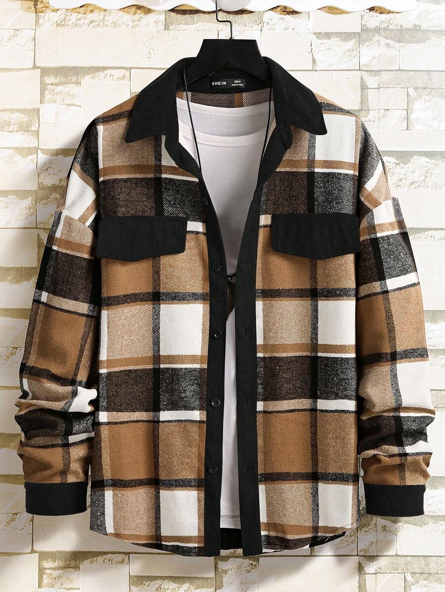 Manfinity Homme 男士寬鬆格子襯衫外套,襟翼細節設計