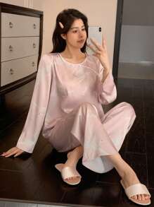 DAZY Chinese Style Crane Printed Pajamas Set - Pink - View 1
